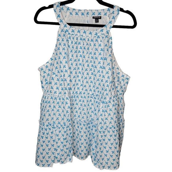 NWT Torrid 2X 18-20 Tiered Babydoll Top, White and Blue - Picture 2 of 11
